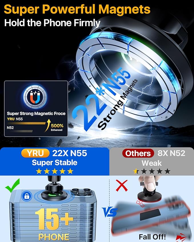 YRU [Truely Upgrade & Patent] Car Phone Holder for Magsafe [98+LBS Strongest Suction & Enhanced Magnetic] Dashboard Car Mount Windshield Vent Phone Stand for iPhone 17/16/15/14/13/12 Pro Max, Black