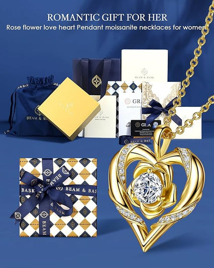 Beam & Bask Rose Flower Heart Moissanite Necklaces for Wife, S925 Silver Pendant for Women, 18K Gold Plated Jewelry for Her Girlfriend Mom for Anniversary Birthday