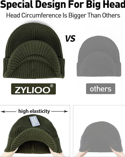 Zylioo Oversize Beanie Hats, XXL Big Size Ribbed Knit Cuffed Winter Hat for Cold Weather, Warm Skull Watch Cap