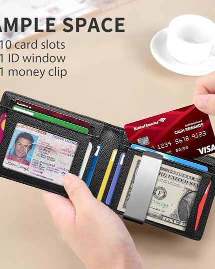 RUNBOX Slim Money Clip Wallets for Men RFID Blocking 11 Card Holder Minimalist Small Leather Bifold Men's Front Pocket Wallet Gift Box