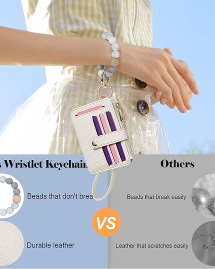 Keychain Wallet with Bracelet RFID Blocking Wristlet Credit Purse Card Holder, Silicone Bead Tassel Key Ring for Women