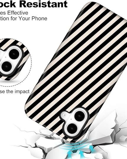 Magnetic for iPhone 16 Case Cute Diagonal Stripes Phone Case, Shockproof Slim TPU and Hard PC Protective Phone Cover Compatible with MagSafe Designed for Women Girls,Black and White