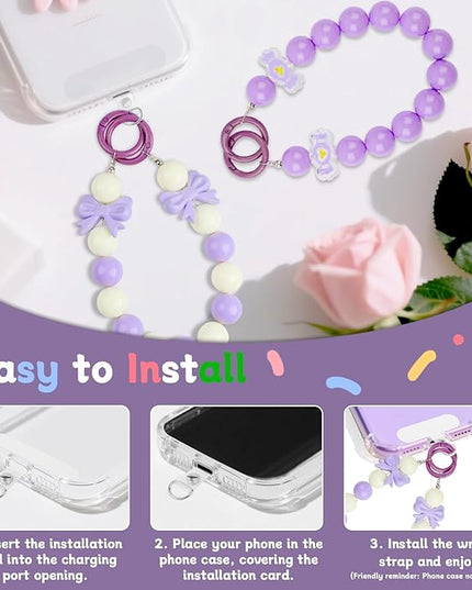 2 Pcs Phone Charm Wrist Strap with Tether Tab, Double Anti Lost Cute Beaded Wrist Lanyard, Detachable Transparent Phone Charms for Bag, Key Chains, Camera Decor