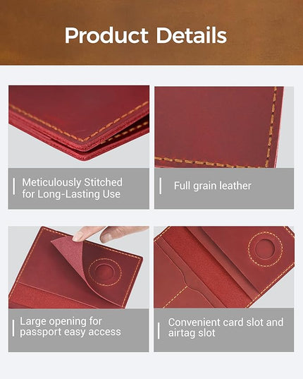 Passport Holder for Travel, Genuine Leather Passport Holder with Airtag, Rfid Passport Wallet Cover Case for Women Men, Travel Essentials Gift,Red