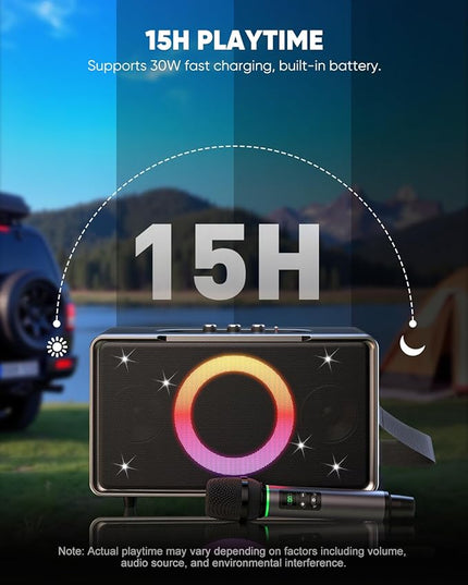 GFEEN Party Bluetooth Speaker: 100W Peak Loud! Deep Bass, 15H Playtime, Large Wireless Speakers, Powerful Sound, Light Show, Fast Charging for Outdoor, Backyard, House(Silver with 1Mic)