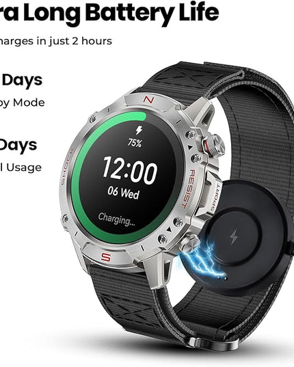 WalkerFit Smart Watch for Men, 1.43" Round AMOLED, 5ATM Waterproof for Swim, Heart Rate & Sleep Monitor, Long Battery, Outdoor Activity Tracker, Voice Control&Bluetooth Call (Silver, Black Nylon)