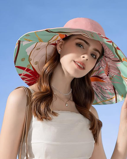 HUAMULAN Women Summer Sun Hat Wide Brim Wired Edge Floral Beach Bucket Hats Reversible Foldable Travel UV Protection Lady Hat