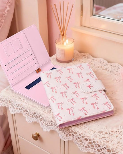 COSHAYSOO Personalized RFID Passport Holder for Travel Women Passports Cover Case Air Essentials Airplane Flight Accessories Airline Plane Flying Must Haves Christmas Gifts Teen Girls Pink Bow Knot