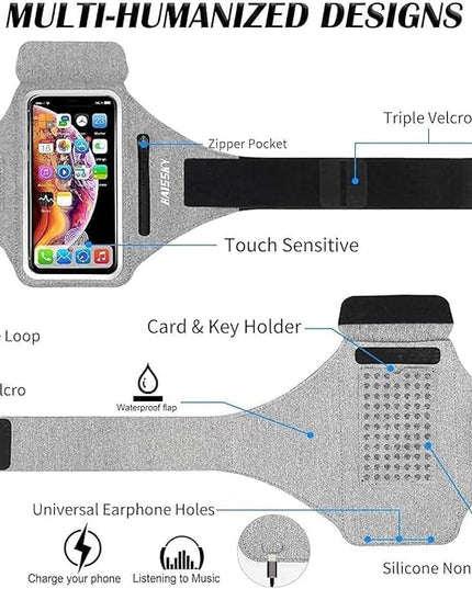 Cell Phone Running Armband with Earbuds Zipper Pocket Armband Case Running Holder for iPhone 16 Pro Max/15/14 Pro Max/13/12 /11 Pro Max/XS/XR,Galaxy S20 S10,Sweatproof Arm Band with Card/Key Bag