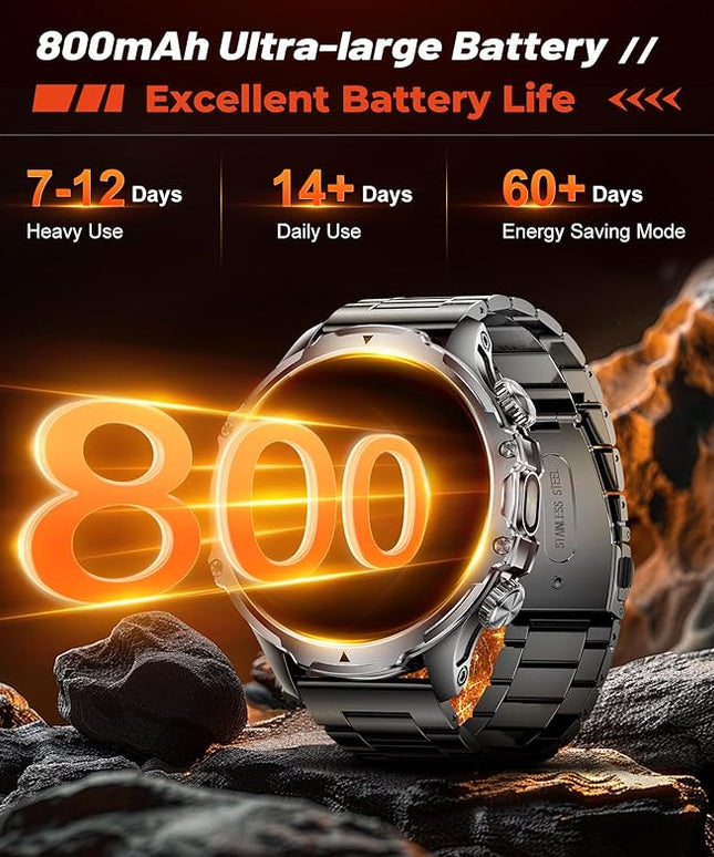 Militrary Smart Watch for Men,1.85" HD/800mAh Battery Smart watches for Android/iOS (Bluetooth Call Answer/Calls)Fitness Tracker,100+ Sports/LED Flashlight/IP68 Waterproof/Sleep Tracker Smartwatch