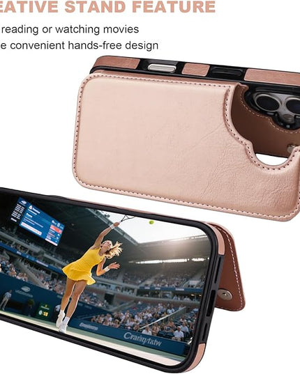 ONETOP Compatible with iPhone 17 Wallet Case with Card Holder, PU Leather Kickstand Card Slots Case, Double Magnetic Clasp and Durable Shockproof Cover 6.3 Inch (Rose Gold)