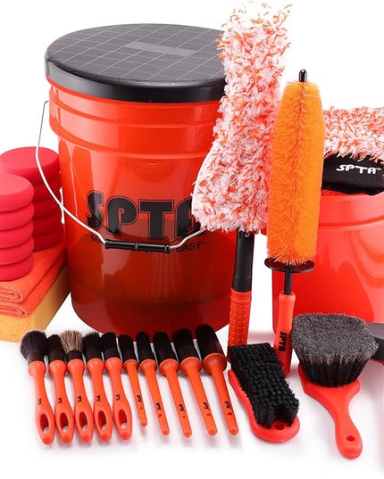 SPTA 33Pcs Car Wash Bucket Set, 20L Scratch Free Detailing Bucket with Car Wash Filter Wash Mitt Sponge Towels Tire Detailing Brush Set, Exterior Interior Car Detailing Set, Complete Car Care Tools