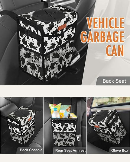 Car Trash Can with Lid, Cute Leakproof Car Trash Garbage Bag Hanging Vehicle Trash Bin Small Portable Automotive Garbage Cans Organizer for Back/Front Seat/Console(2.8 Gallons,Cow Print)