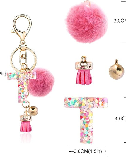Resin Alphabet Initial Letter Keychain Keyring for Women Purse Handbags With Fur Ball Pom