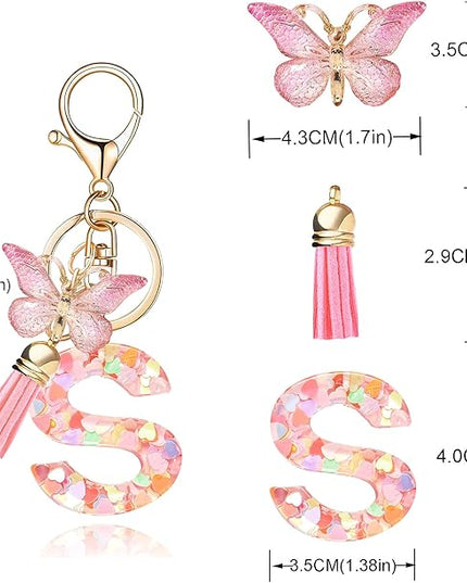Fashion Alphabet Initial Letter Keychain Tassel Butterfly Pendant Key Ring for Purse Handbags Women Girl