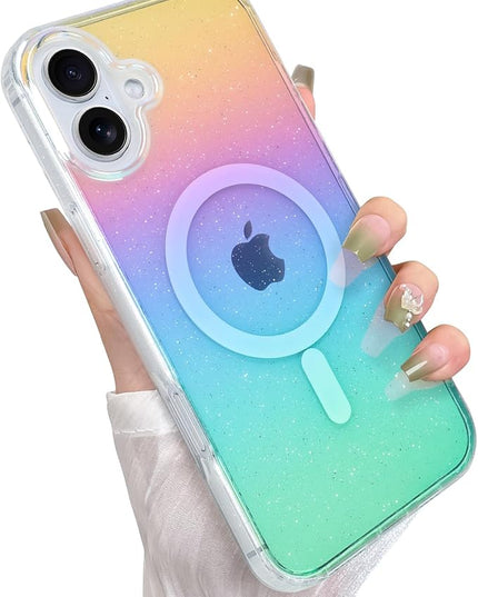 Glitter Case for iPhone 16 Case for Women Girls [ Compatible with Magsafe ] Clear Cute Girly Aesthetic Iridescent Rainbow Sparkly Bling Magnetic Phone Cover, Gradient Blue & Pink
