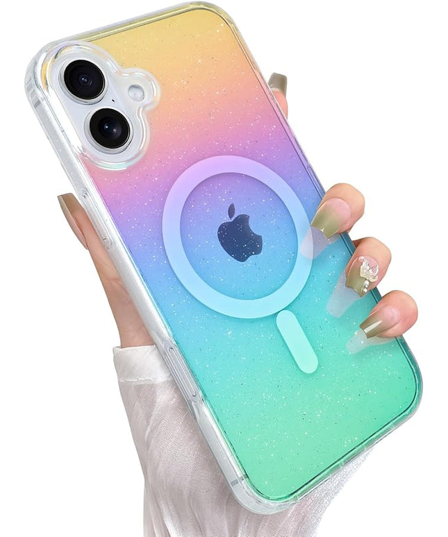 Glitter Case for iPhone 16 Case for Women Girls [ Compatible with Magsafe ] Clear Cute Girly Aesthetic Iridescent Rainbow Sparkly Bling Magnetic Phone Cover, Gradient Blue & Pink