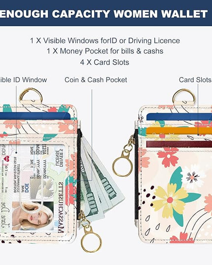 Slim Wallet Credit Card Holder, Pink and green flowers, RFID Wallet Women Cute Small Front Pocket Wallet With Zipper, PU Leather Thin travel RFID Blocking Card Case ID Window,Ladies Gifts