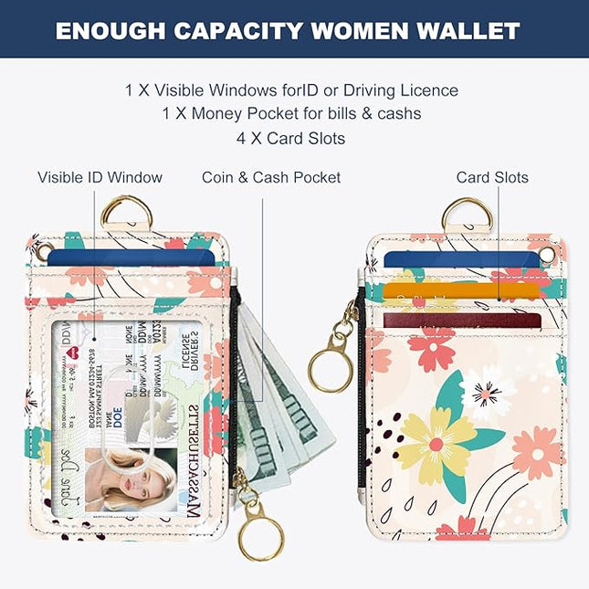 Slim Wallet Credit Card Holder, Pink and green flowers, RFID Wallet Women Cute Small Front Pocket Wallet With Zipper, PU Leather Thin travel RFID Blocking Card Case ID Window,Ladies Gifts