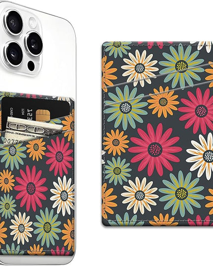 Phone Card Holder, Dual Pocket Leather Wallet Adhesive Stick On, Cute Credit Card Holder for Smartphones Case Compatible with Most Phone（Red flowers）