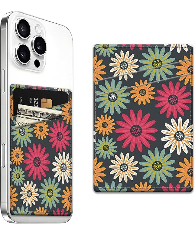 Phone Card Holder, Dual Pocket Leather Wallet Adhesive Stick On, Cute Credit Card Holder for Smartphones Case Compatible with Most Phone（Red flowers）