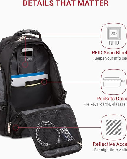 SwissGear 1900 ScanSmart 17” Laptop Backpack Grey/Black – Reflective Tech Backpack with ScanSmart Compartment – Multiple Organizer Pockets & RFID Scan Blocking Technology