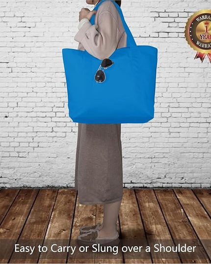TOPDesign 6-Pack Canvas Tote Bags with an External Pocket, Reusable Grocery Shopping Bags, Top Zipper Closure, Daily Essentials (Ocean Blue)