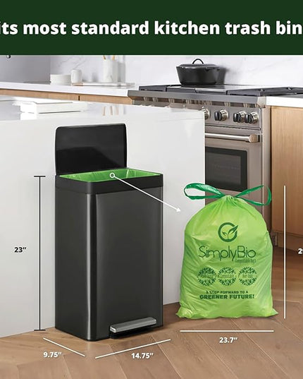 Simply Bio 13 Gallon Compostable Trash Bags Liners Drawstring, Heavy Duty Extra Thick 1 Mil, 49.21 Liter, 30 Bags, Tall Kitchen Food Scrap Waste Bag, ASTM D6400, US BPI and OK Compost Home Certified