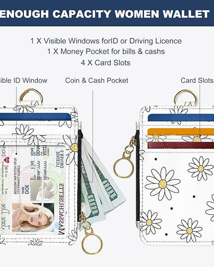 Slim Wallet Credit Card Holder, White daisy V, RFID Wallet Women Cute Small Front Pocket Wallet With Zipper, PU Leather Thin travel RFID Blocking Card Case ID Window,Ladies Gifts