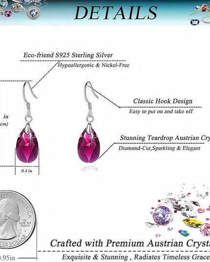 Teardrop Austrian Crystal Drop Dangle Earrings for Women 925 Sterling Silver Hook Hypoallergenic Jewelry