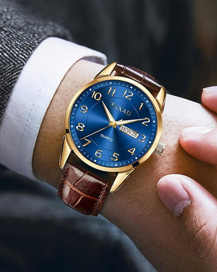 Men Dress Watch Waterproof Leather Watches for Men with Day Date Luxury Large Arabic Numerals Analog Quartz Classic Leather Watch Easy Read relojes para Hombres