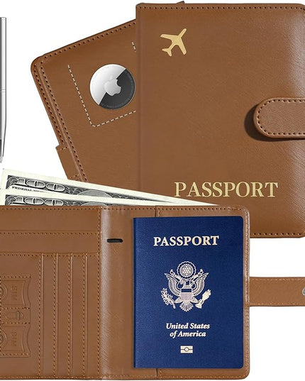 Passport Holder with Airtag Slot Cards Cash Air Ticket Pocket, Travle Gifts for Women Men RFID Blocking Wallet, Passport Book Cover Case Brown