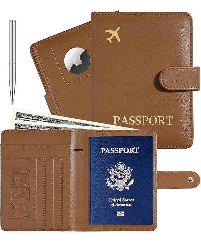 Passport Holder with Airtag Slot Cards Cash Air Ticket Pocket, Travle Gifts for Women Men RFID Blocking Wallet, Passport Book Cover Case Brown