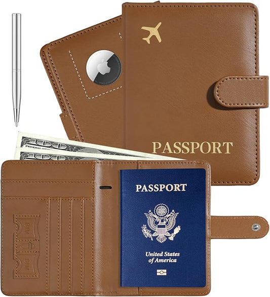 Passport Holder with Airtag Slot Cards Cash Air Ticket Pocket, Travle Gifts for Women Men RFID Blocking Wallet, Passport Book Cover Case Brown
