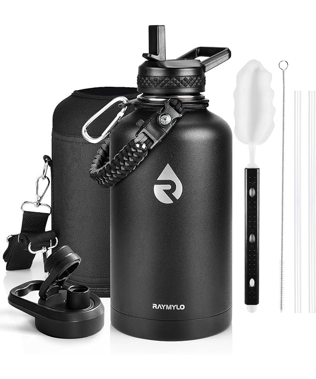 Insulated Water Bottle 64 oz, Triple Wall Vacuum Stainless Steel (Cold for 48 Hrs), Leak Proof & Non-BPA, Half Gallon Water Flask Jug with Paracord Handle & Straw Spout Lids, Magic Black