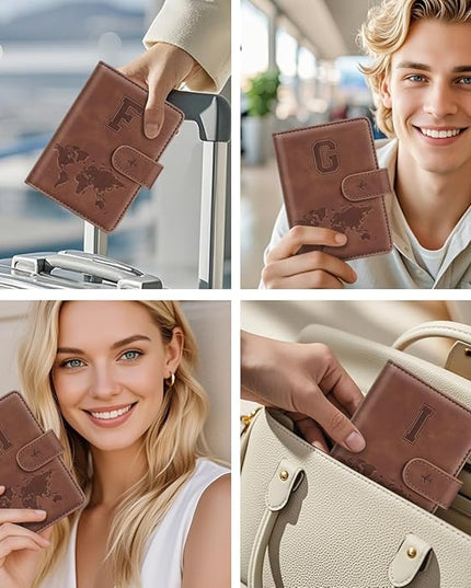 Passport Holder Wallet Cover Personalized Letter A-Z Travel Wallet RFID Blocking Passport Cover Wallet Case for Travel Passport Book Holders for Women and Men, Brown-I