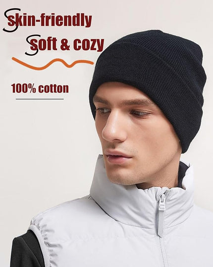 100% Cotton Beanie Hat- Unisex Ultra Soft Winter Warm Stretch Knit Cuffed Hats Fisherman Beanies Skull Cap