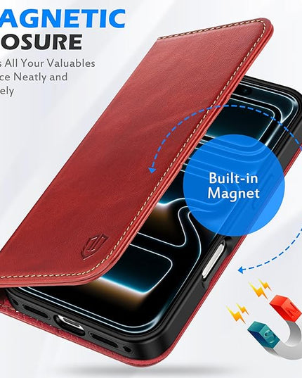 SHIELDON Genuine Leather Case Wallet for iPhone 17 Pro 6.3-inch 2025 | Book Design | Magnetic | Kickstand | RFID Blocking Credit Card Holder | Soft Shockproof Phone Cover | Retro Red