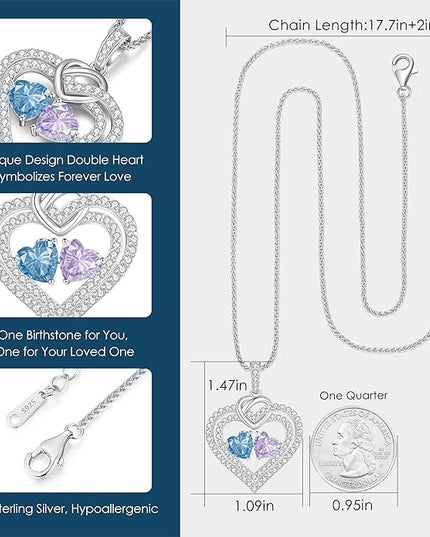 LOUISA SECRET Sparkling Double Heart Birthstone Necklaces for Women, 925 Sterling Silver Fine Jewelry, Pendant Heart Necklaces Birthday Anniversary Christmas Gift for Women Wife Mom Girlfriend Lady
