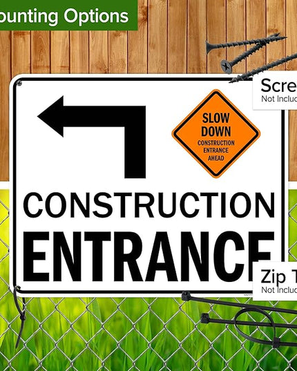 Slow Down Construction Entrance Ahead With Left Arrow Sign, 24x30 Inches, 55 mil thick HDPS (high density polystyrene), Made in USA by My Sign Center