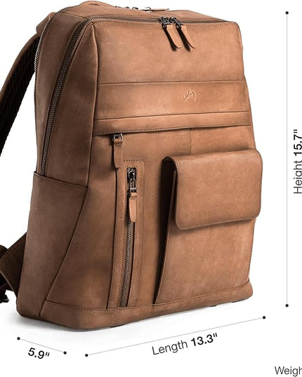 VELEZ Brown Leather Backpack for Men & Women - Large Capacity Laptop Travel Backpack with 17" Sleeve - Vintage Travel Bag with Adjustable Straps, Multiple Pockets & Trolley Sleeve