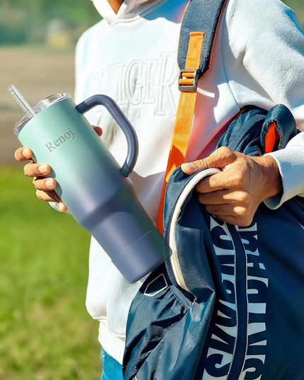 Renoj Tumbler with Handle 100% Spill Resistant Insulated Water Bottle for Iced Coffee & Hot Drinks - Fits Car Cup Holder, Ideal Gift, 2 Straws & Silicone Boot BPA-Free - FlexSlide Blue Gradient 32 oz