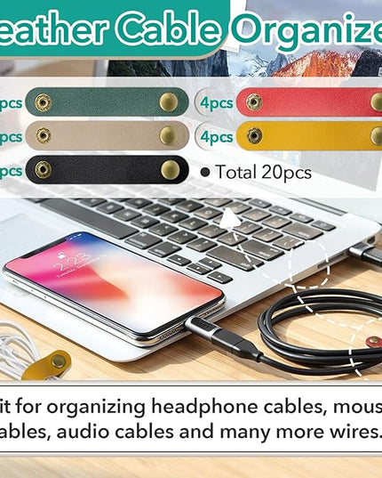 20 Pcs Leather Cord Organizer - Multiple Colors Leather Cable Straps Cord Organizer for Charging Cords, Reusable Cable Clips Leather, Multipurpose Leather Wire Cable Ties(5 Colors)