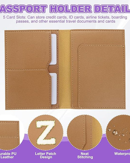 PATIKIL Passport Holder for Travel, Initial Passport Cover and Luggage Tag Set with Alphabet Chenille Letter Patch Travel Wallet Bag Suitcase Identifier for Women Family Travel Brown Z