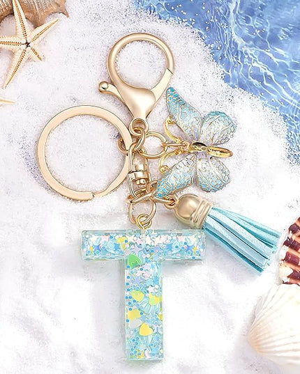 Fashion Alphabet Initial Letter Keychain Tassel Butterfly Pendant Key Ring for Purse Handbags Women Girl