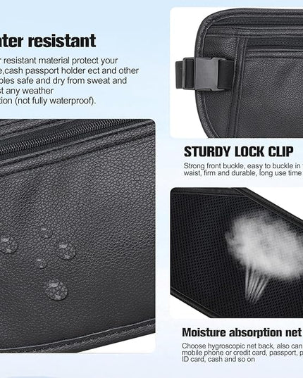 PU Leather Money Belt - Passport Holder Secure Hidden Travel Wallet with RFID Blocking, Undercover Fanny Pack(Black)
