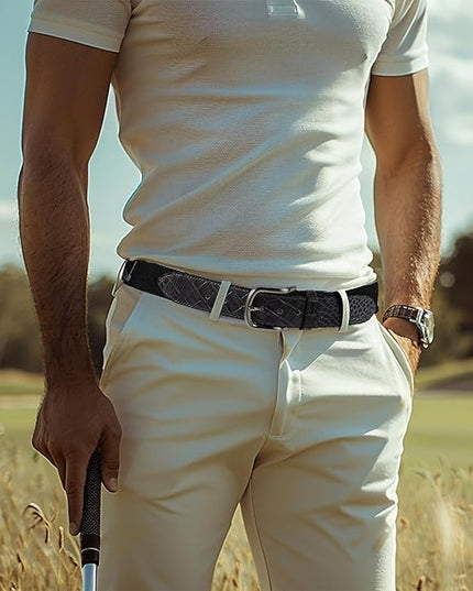 Mile High Life Golf Belts for Men, Canvas Belt with Genuine Leather Tips, Embroidered 2 Layer Web Belt with Pin Buckle