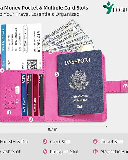 Passport Holder For Travel with Luggage Tag Cover – RFID Blocking Travel Passport Wallet Holder for Women/Family| PU Leather Passport Case with Extra Money Pocket/Magnetic Clasp, Pink