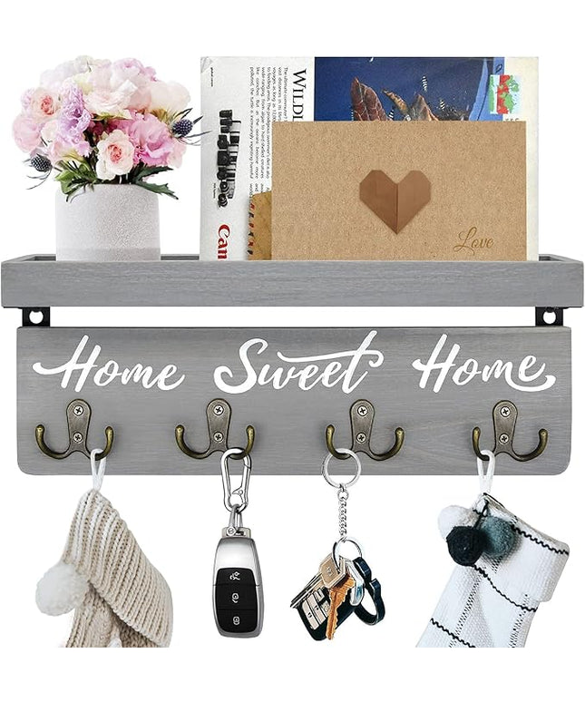 buways Key Holder Wall Mount with 4 Double Hooks-Solid Wood Wall-Mounted Organizer for Keys&Mail Rustic Key Rack Hanger Holder Home Decor for Entryway Living Room (Gray)