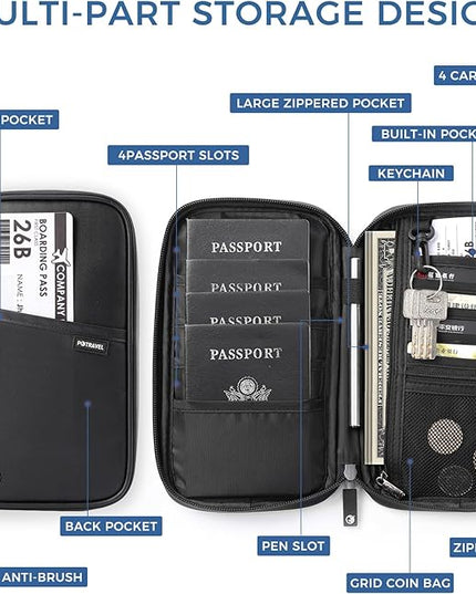 Travel Passport Holder, Large Family Passport Walle for Men Women RFID Passport Cover Lightweight Portable Document Organizer with Wrist Strap (Black)